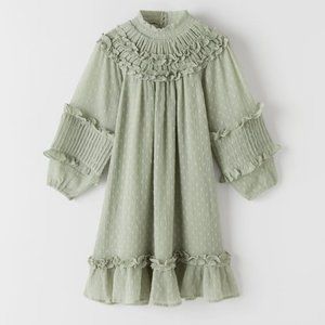 Zara pale green RUFFLED DOTTED MESH DRESS 11-12